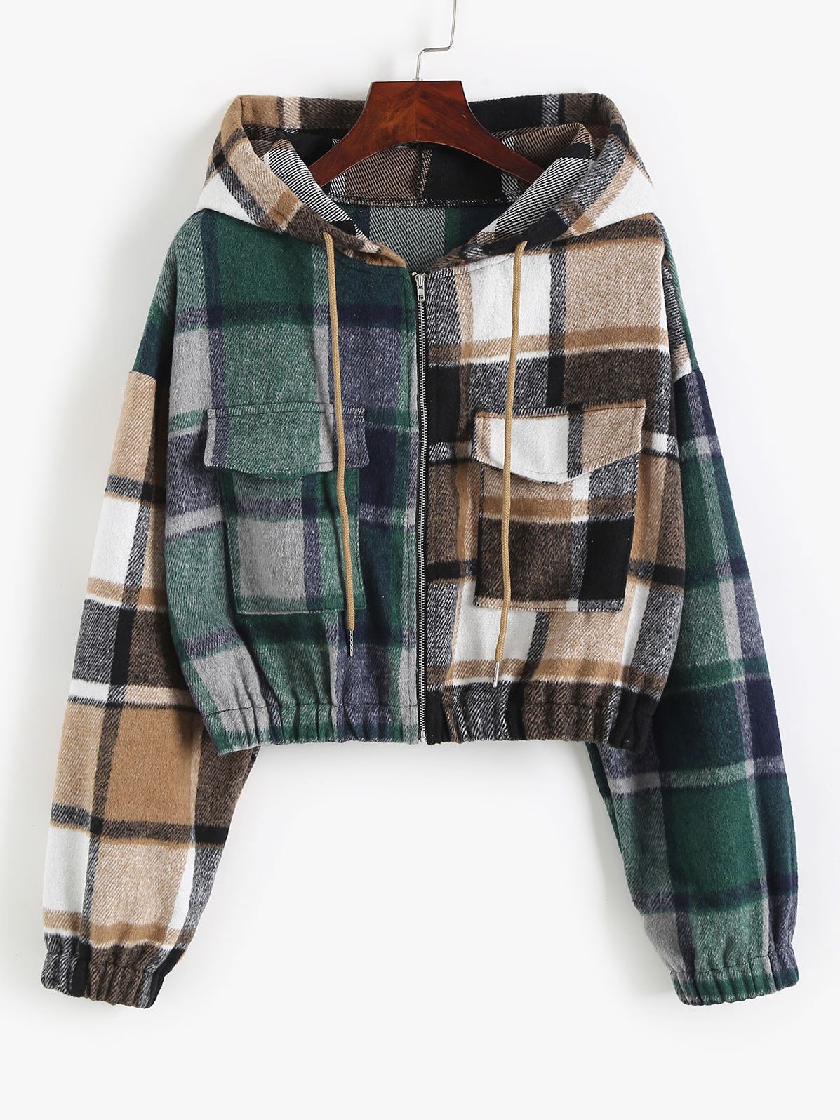Kariertes Damen-Kapuzenhemd, grün-braun, langärmelig, mit Taschen, Herbstmode.
