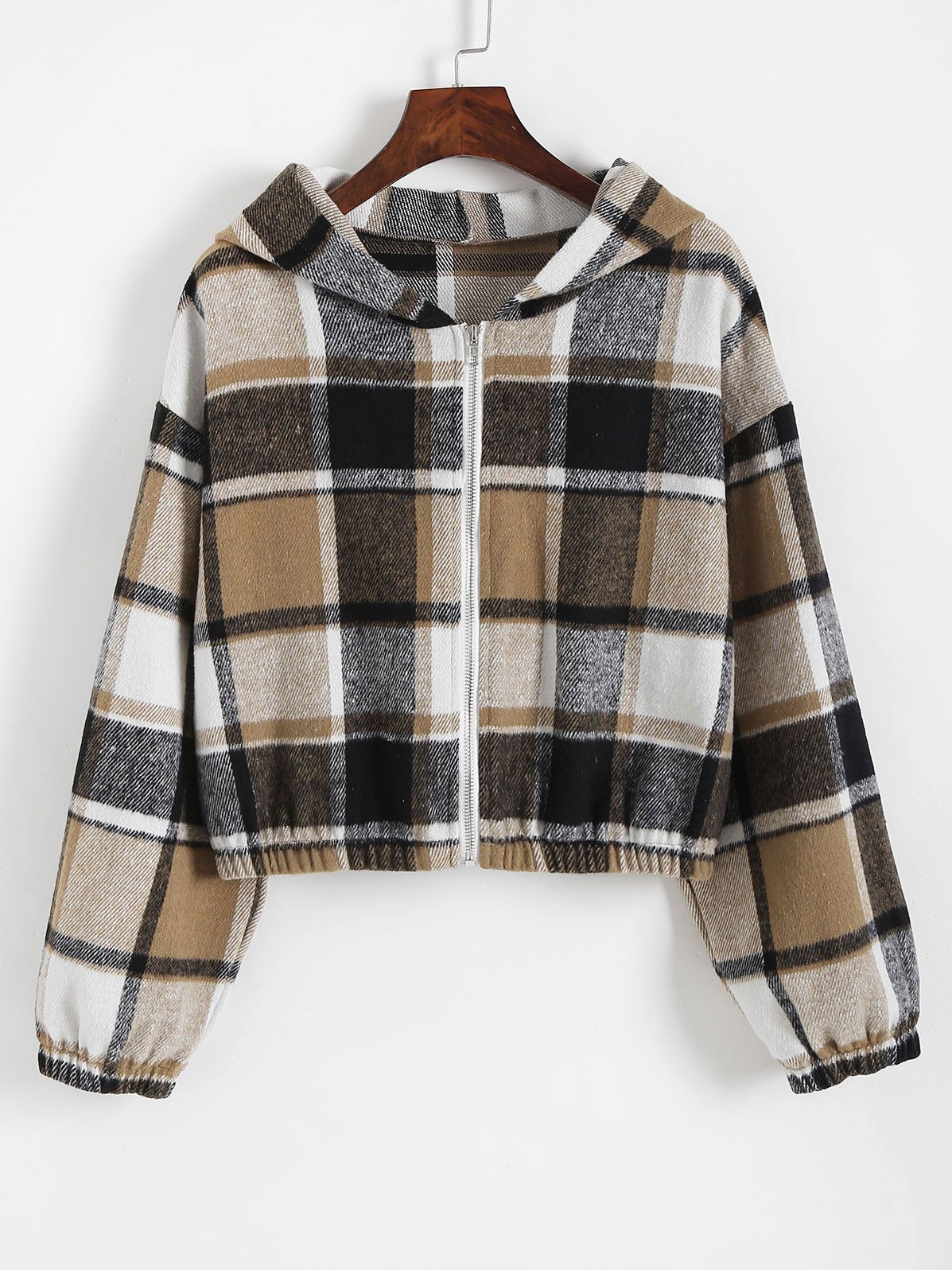 Kariertes Kapuzenhemd Damen, beige-schwarz, Baumwolle, Reißverschluss, Herbstmode.