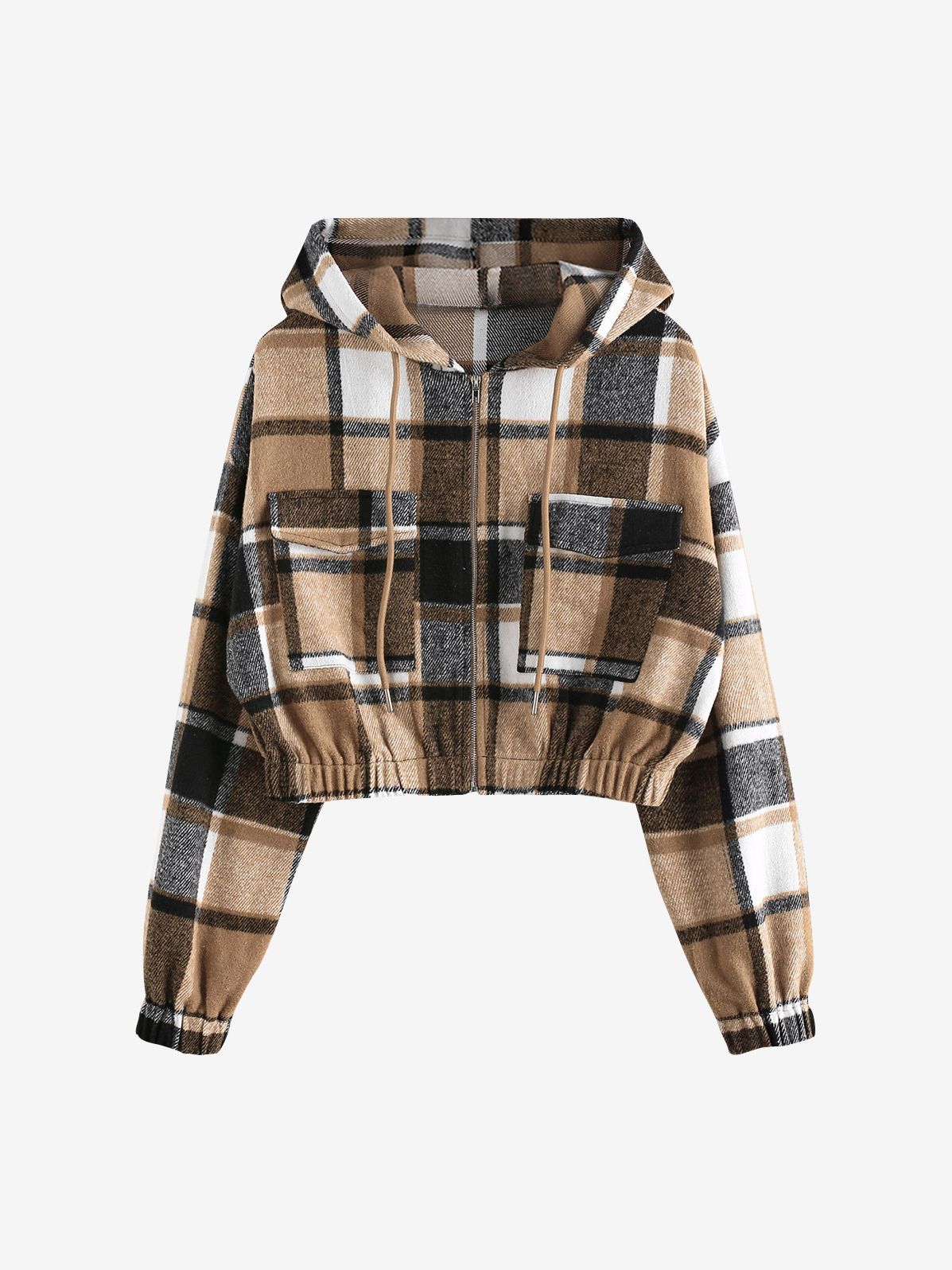Kariertes Kapuzenhemd Damen, braun-schwarz-weiß, Kordelzug, Langarm, modisch, Herbstmode.