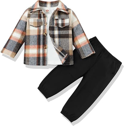 Kariertes Kinderjacken-Set mit schwarzer Hose, Herbstmode, Baumwolle, bequem, stilvoll.