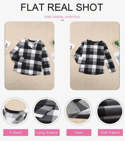 Schwarz-weiß kariertes Langarmshirt, V-Ausschnitt, weicher Stoff, lässiger Stil.