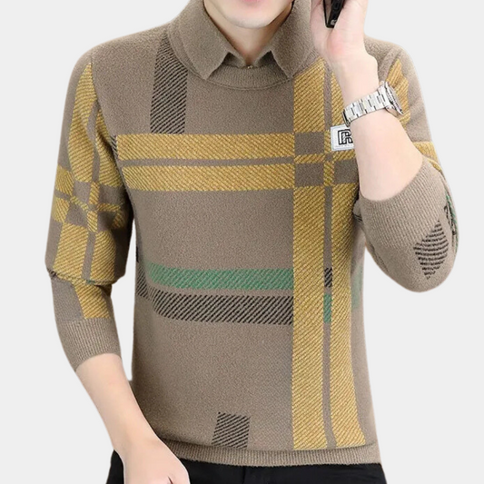 Herrenpullover kariert beige-gelb, Langarm, modisch, weiches Material, Herbstmode.