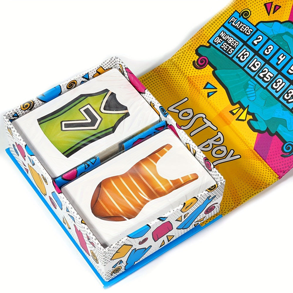 Brettspiel "Lost Boy" mit buntem Design, Kartenstapel, Spieleranzahl und Sets, Deutsch.