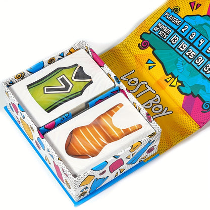 Brettspiel "Lost Boy" mit buntem Design, Kartenstapel, Spieleranzahl und Sets, Deutsch.
