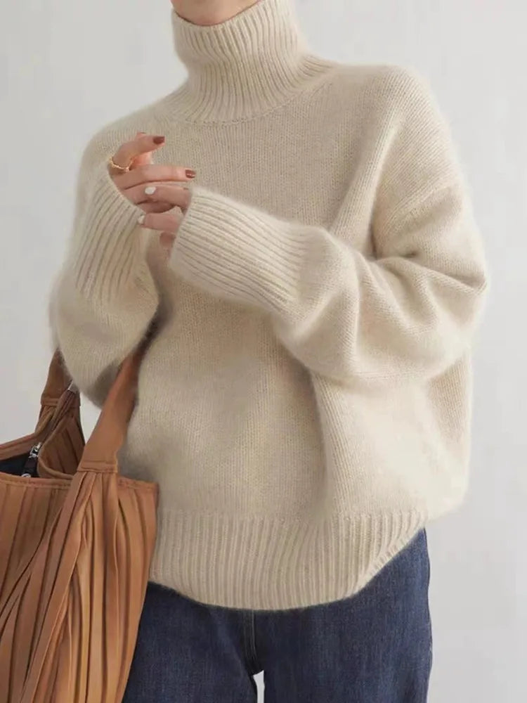 Damen Kaschmir Rollkragenpullover, beige, 100% Wolle, Herbst Winter Mode 2023, lässig elegant.