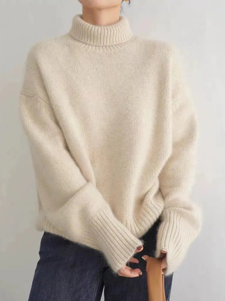 Damen Kaschmir Rollkragenpullover, beige, Herbst Winter 2023, locker, warm, modisch.