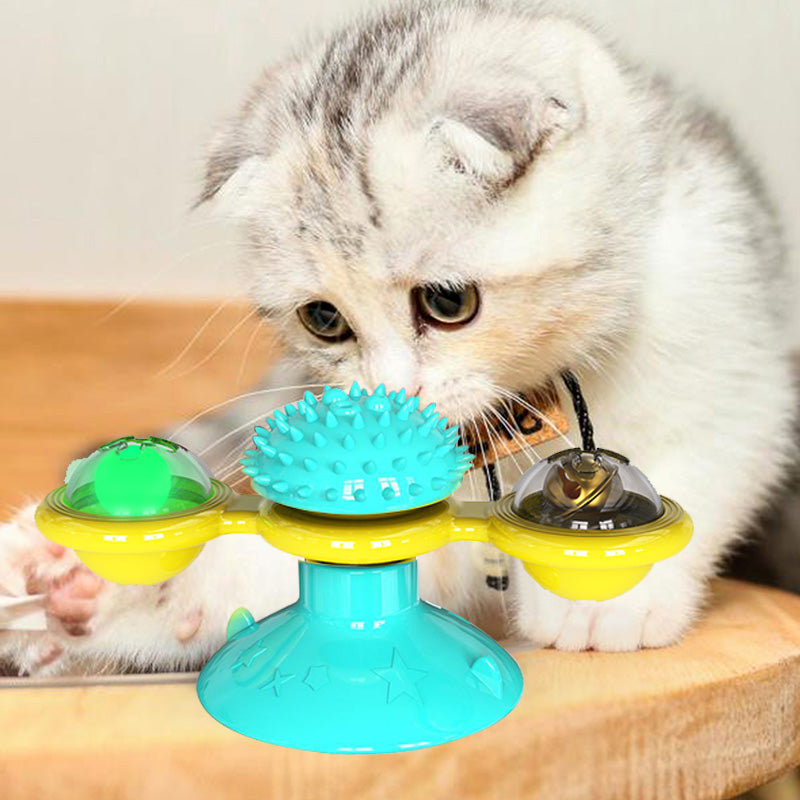 Katzenspielzeug mit Saugnapf, gelb-blau, interaktiv, mit Bällen, für Unterhaltung und Training.