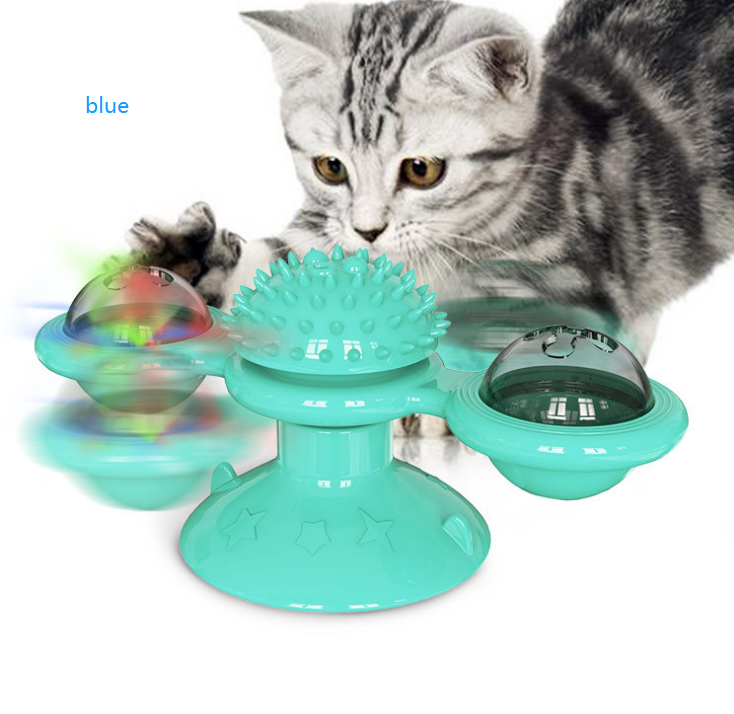 Katzenspielzeug blau, interaktiv, mit rotierenden Kugeln und Noppen, für Unterhaltung und Bewegung.