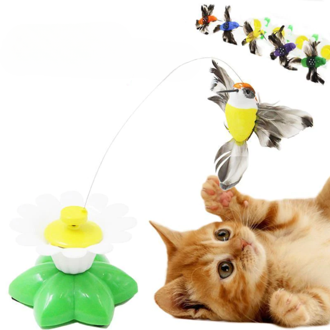 Katzenspielzeug Blume mit flatterndem Vogel, interaktiv, grün-weiß, für Katzenunterhaltung.