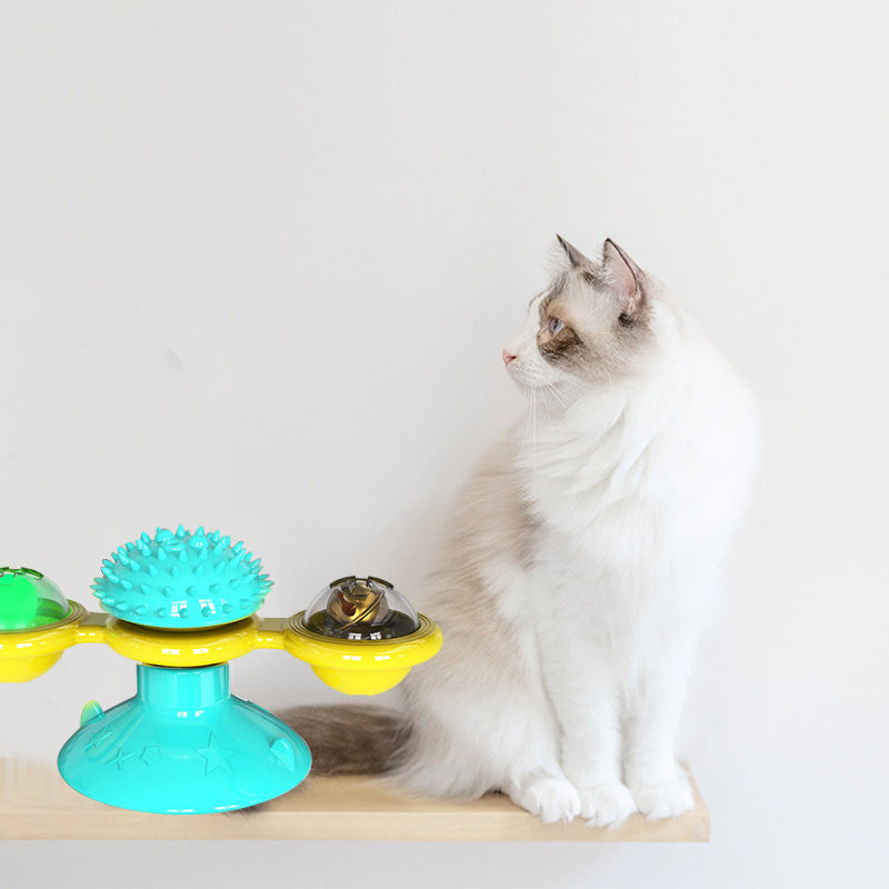 Katzenspielzeug mit Saugnapf, gelb-blau, interaktiv, für Katzenbeschäftigung und -training.