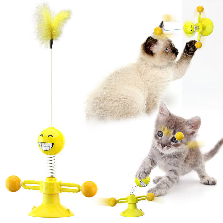 Katzenspielzeug mit gelbem Smiley-Design, Feder, Saugnapf, interaktiv, für Katzenunterhaltung.