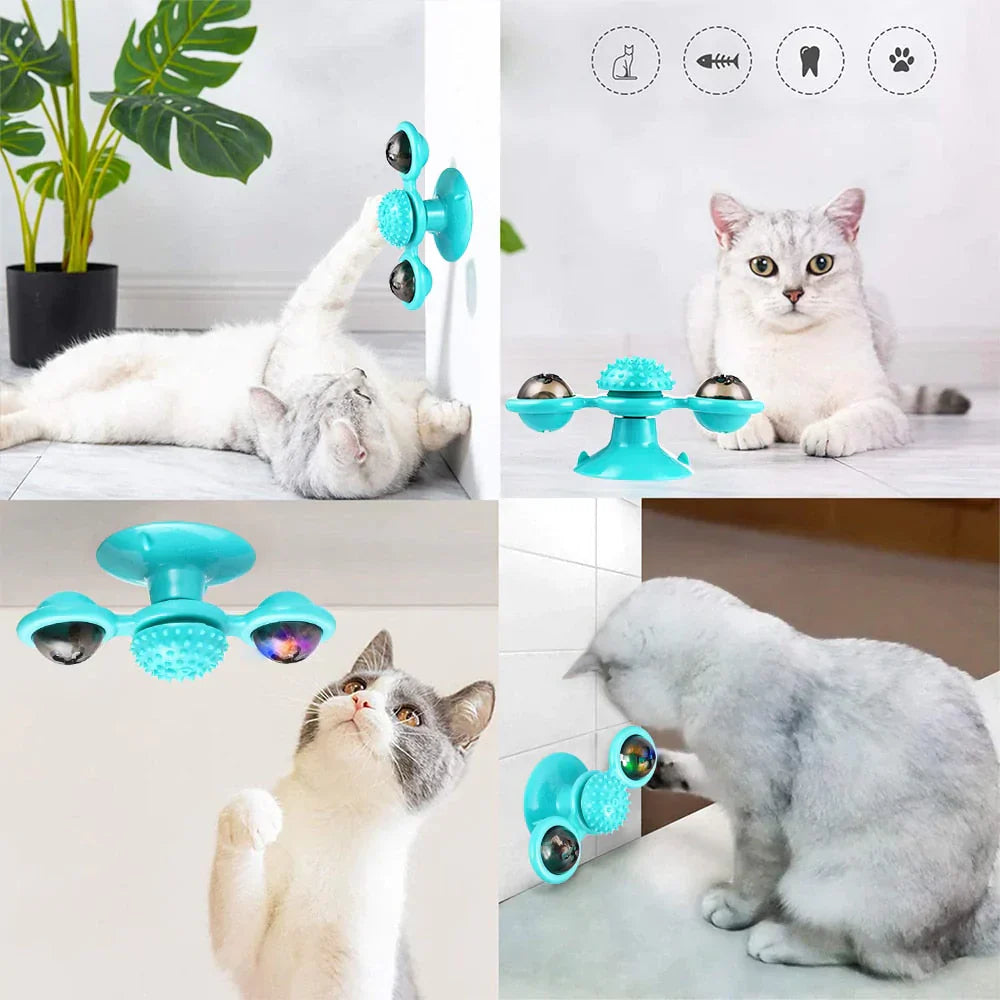 Katzenspielzeug mit Saugnapf, rotierend, blau, interaktiv, mit Bällen, für Katzenbeschäftigung.