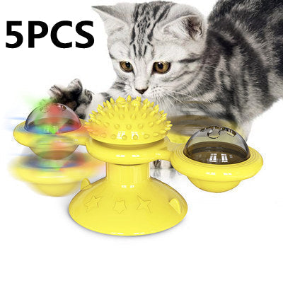 Gelbes Katzenspielzeug mit rotierenden Kugeln, 5-teilig, interaktiv, für Katzenunterhaltung.
