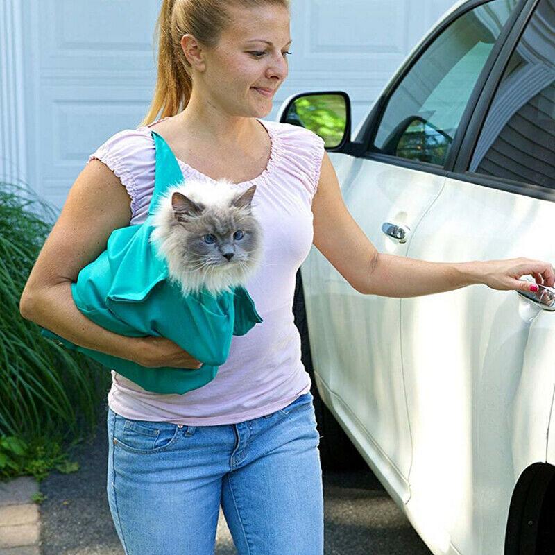 Frau trägt Katze in grünem Tragetuch neben Auto, Haustiertransport, bequem, praktisch.