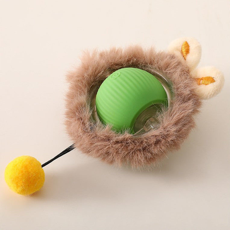 Grüner Katzenspielzeugball mit Plüschrand und gelbem Bommel, interaktives Haustierzubehör.
