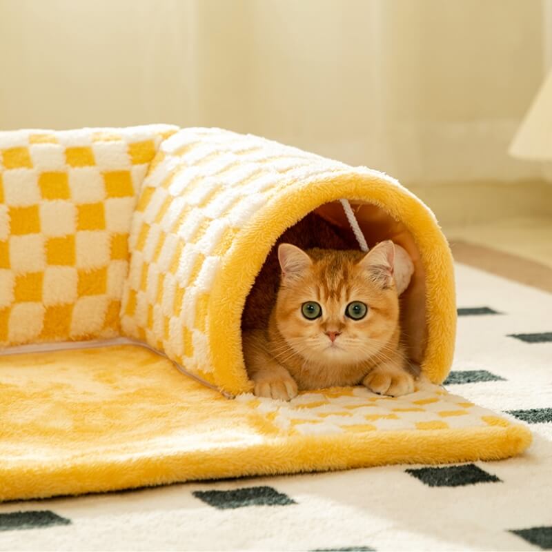 Gelber Katzentunnel und Bett aus Plüsch mit kariertem Muster, Katze schaut heraus.