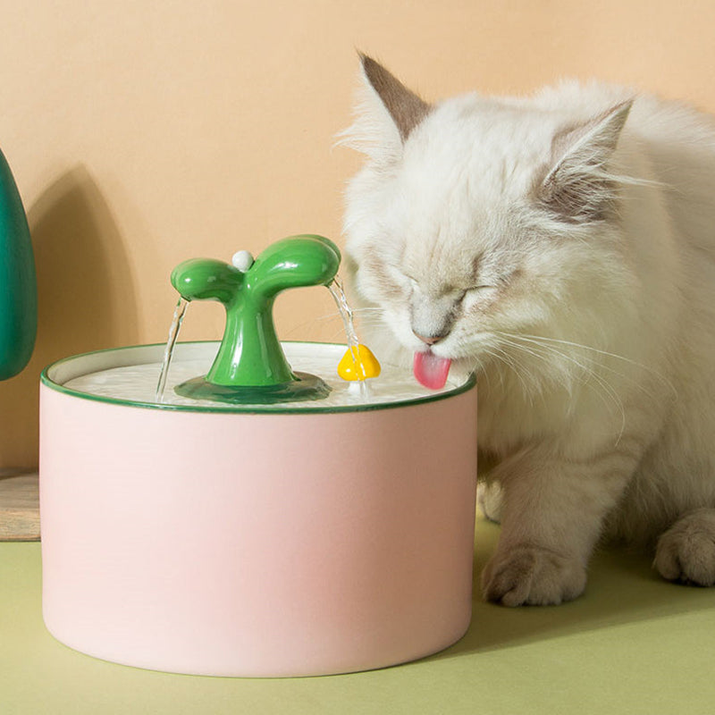 Weiße Katze trinkt aus rosa Katzenbrunnen mit grünem Sprinkler, Haustierbedarf, Trinkbrunnen.