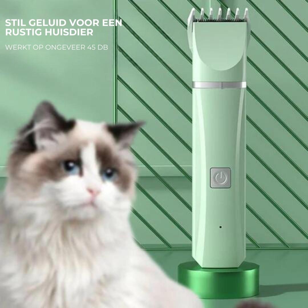 Grüner elektrischer Haustiertrimmer, leise, ideal für Katzenpflege, 45 dB, modernes Design.