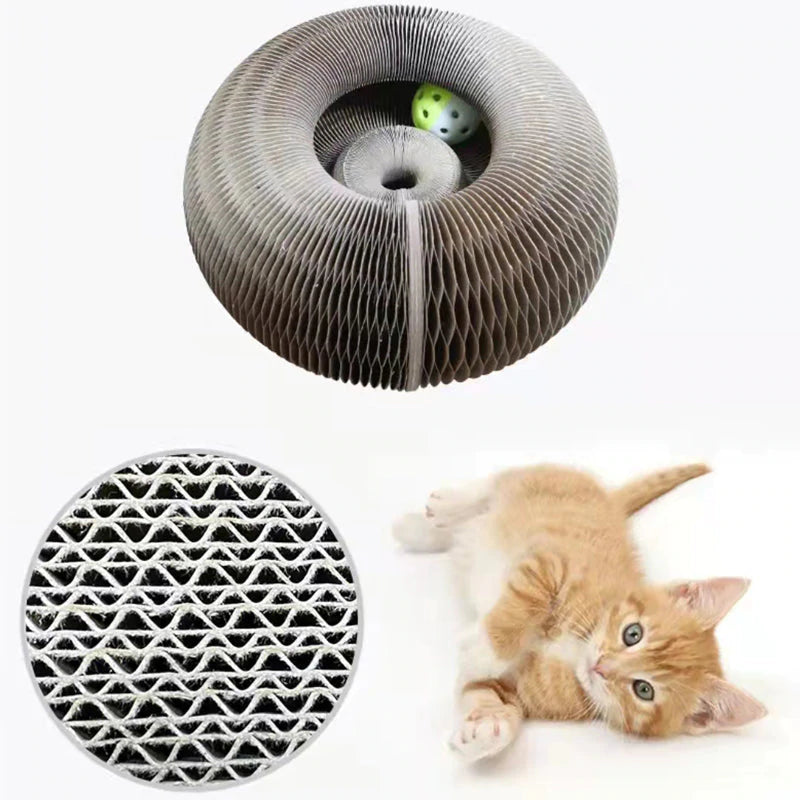 Katzenspielzeug aus Pappe, rund, mit Ball, Kratzbrett, interaktiv, für Katzenbeschäftigung.