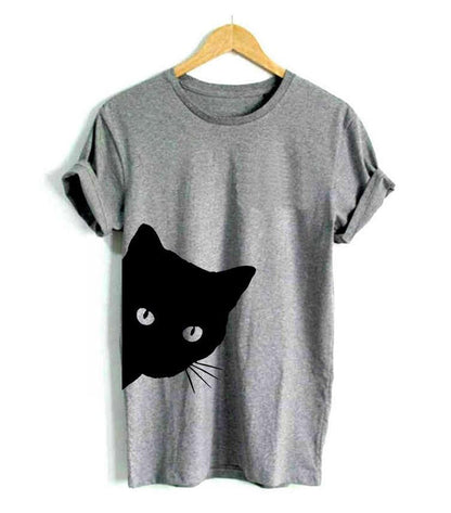 Damen T-Shirt | Katzenprint | Kurzarm | Baumwolle | Rundhals-Grau-S-Luzern Mode
