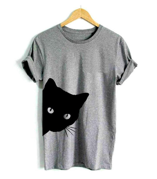 Damen T-Shirt | Katzenprint | Kurzarm | Baumwolle | Rundhals-Grau-S-Luzern Mode