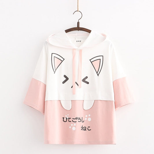 Kawaii Katzen Hoodie, rosa-weiß, mit Ohren und Pfoten, Damenmode, süßes Design.