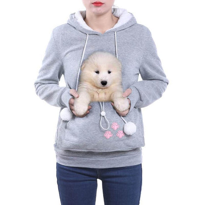 Grauer Kapuzenpullover mit Hundetasche, bequem, ideal für Haustierliebhaber.