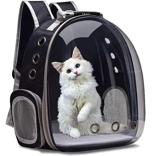 Transparenter Katzenrucksack, schwarz-grau, mit Belüftungslöchern, ideal für Reisen.