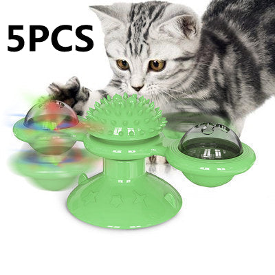 Grünes Katzenspielzeug mit Saugnapf und rotierendem Ball, 5er-Set, interaktiv.