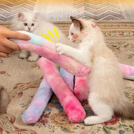 Zwei Kätzchen spielen mit bunten, flauschigen Katzenspielzeugen auf einem Teppich.
