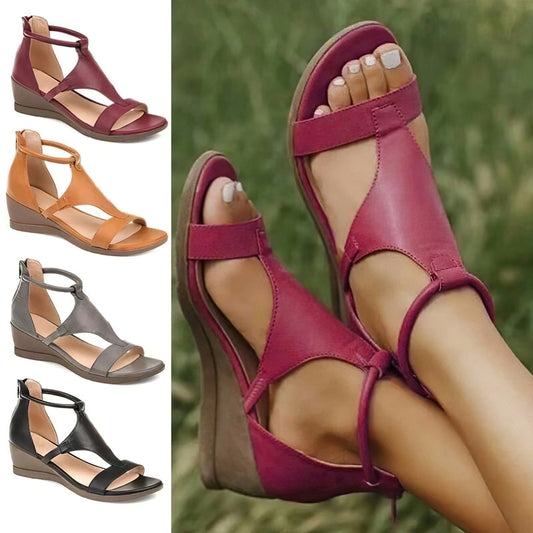 Damen Sandalen Keilabsatz, rot, Leder, Sommerschuhe, bequem, modisch, Freizeit, elegant.