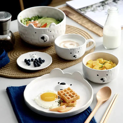 Keramik-Geschirrset mit Eisbär-Design, Teller, Schale, Tasse, weiß, Frühstücksset, modern.