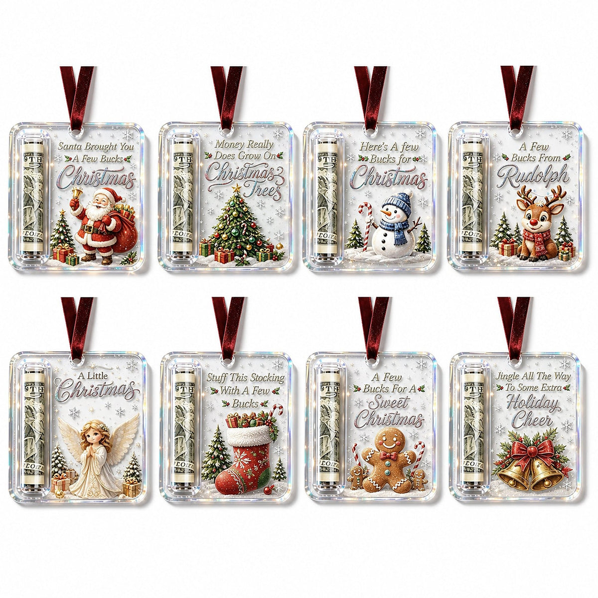 Übersicht von acht Anhängern mit verschiedenen Motiven wie Weihnachtsmann, Baum, Schneemann, Rentier, Engel, Stiefel, Lebkuchenmann und Glocken. 13