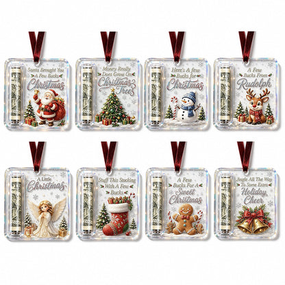 Übersicht von acht Anhängern mit verschiedenen Motiven wie Weihnachtsmann, Baum, Schneemann, Rentier, Engel, Stiefel, Lebkuchenmann und Glocken. 13