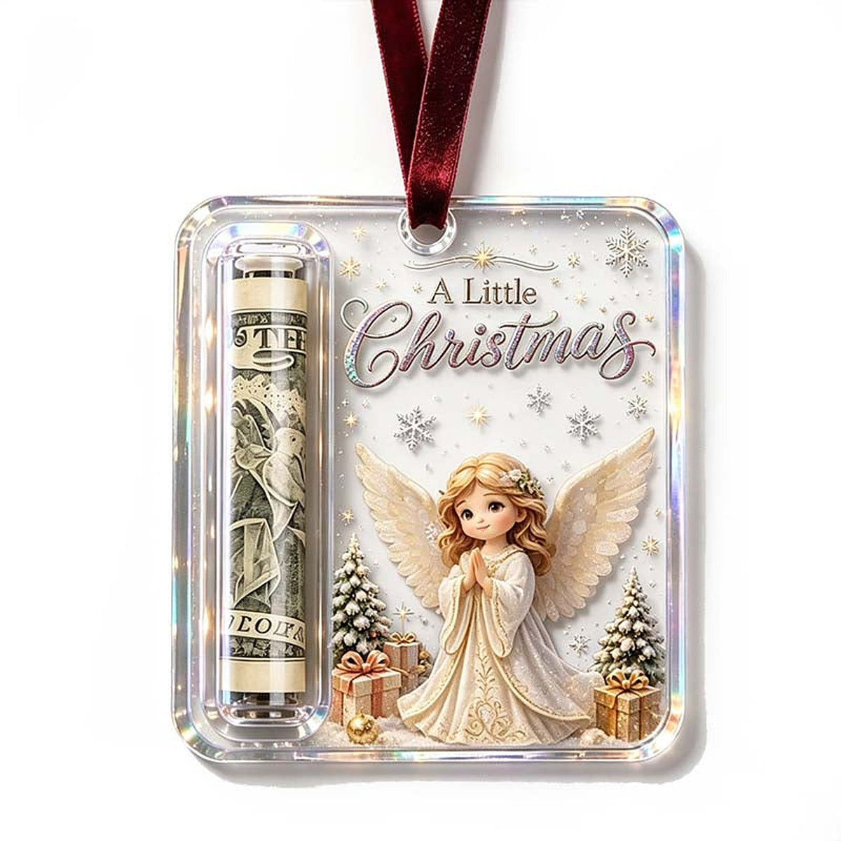 Anhänger mit betendem Engel mit goldenen Locken und hellen Flügeln, links das Fach mit aufgerollter Geldnote. 18