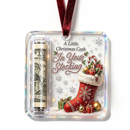 Anhänger mit rotem Weihnachtsstrumpf voller Geschenke und Zuckerstange, links das Fach mit eingerollter Geldnote. 19