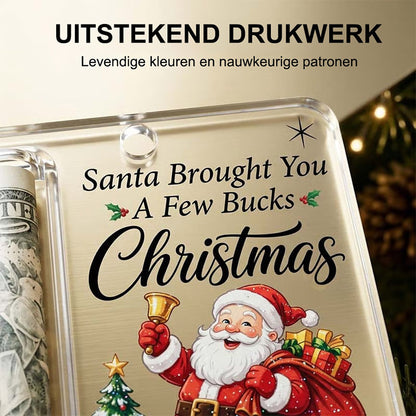 Nahaufnahme der Vorderseite mit Weihnachtsmann, Weihnachtsbaum, Geschenken und der klaren Acrylkante samt Aufhängeöse. 4