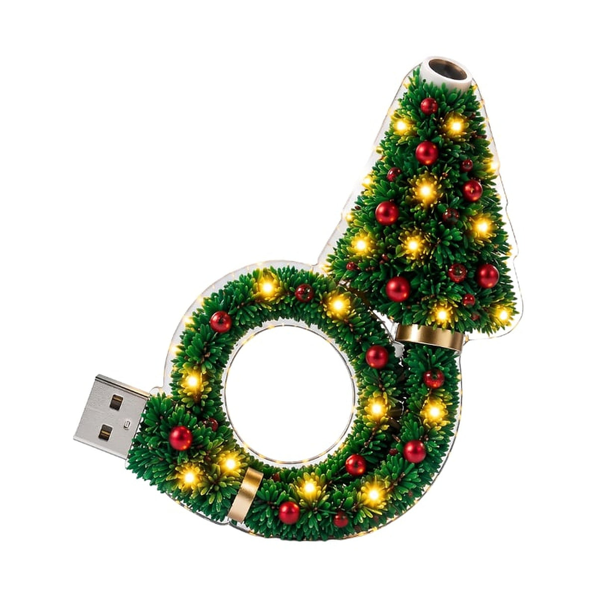 Freigestellte Frontansicht der leuchtenden Tannenbaum-Lampe mit grünen Nadeln, roten Kugeln, warmen LEDs, goldenen Ringen, USB-Stecker und Projektor-Öffnung an 1