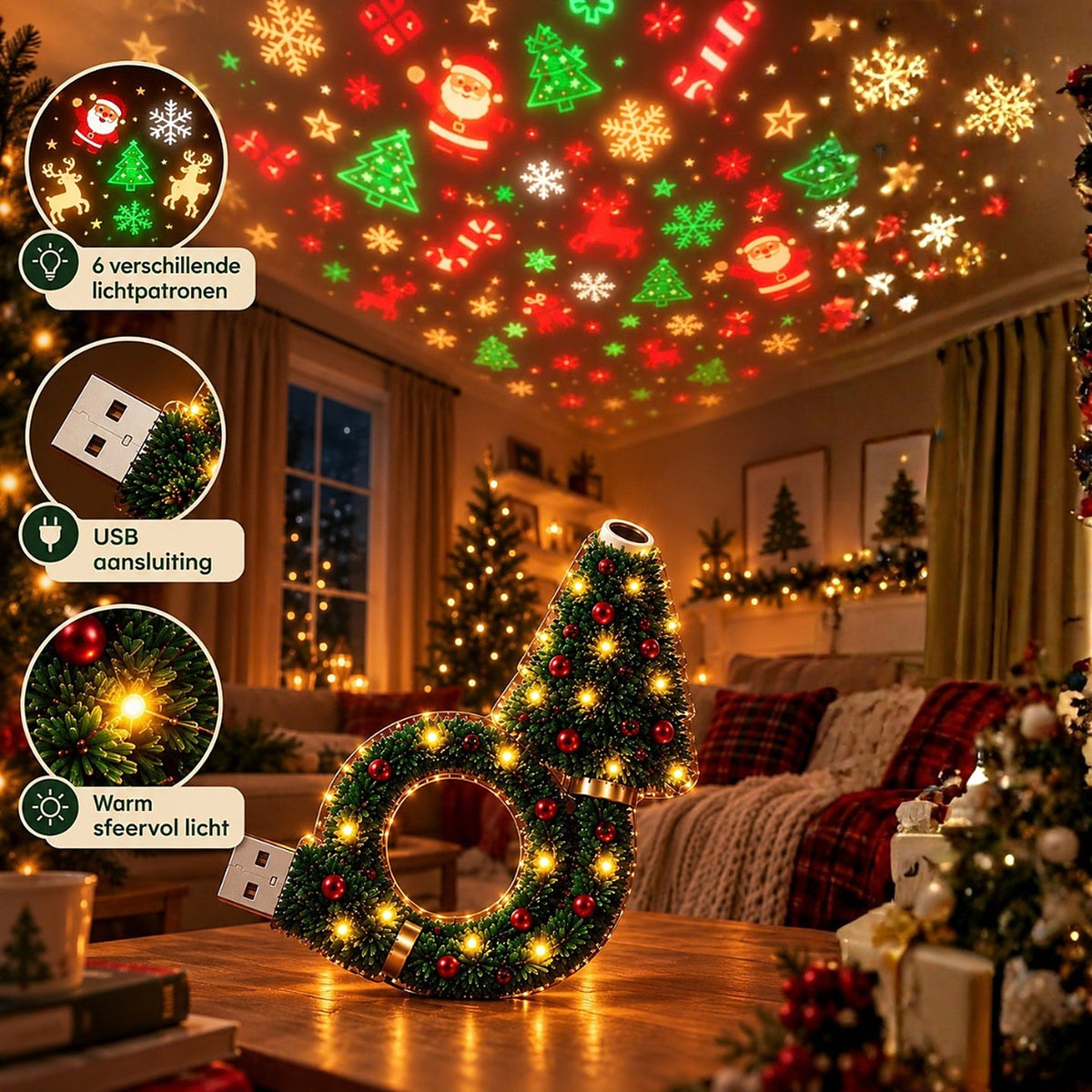 Die Lampe leuchtet auf einem Holztisch im weihnachtlichen Wohnzimmer, an der Decke erscheinen bunte Weihnachtsmotive; drei Detailkreise zeigen Muster, USB-Steck 2