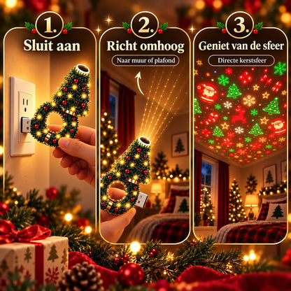 Dreiteilige Anleitung: Lampe in die Steckdose stecken, nach oben zur Decke ausrichten und die projizierten Weihnachtsmotive im gemütlichen Zimmer genießen. 3