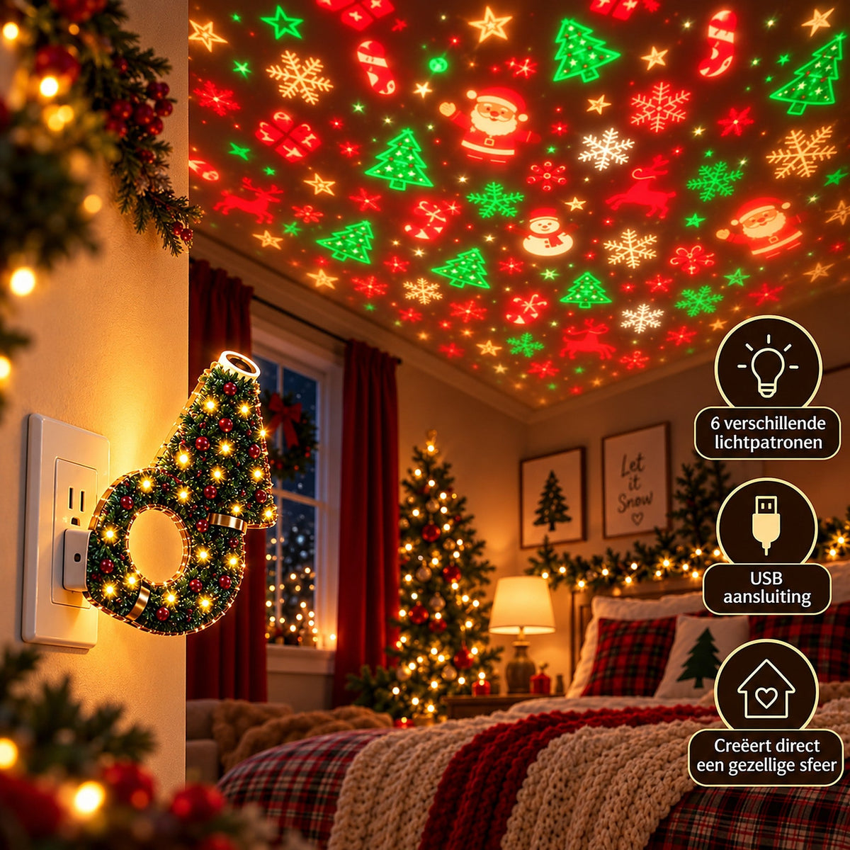 In eine Steckdose gestecktes Lämpchen projiziert Weihnachtsmann, Tannenbäume, Rentiere und Schneeflocken an die Decke eines festlich geschmückten Schlafzimmers. 4