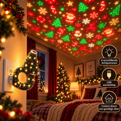 In eine Steckdose gestecktes Lämpchen projiziert Weihnachtsmann, Tannenbäume, Rentiere und Schneeflocken an die Decke eines festlich geschmückten Schlafzimmers. 4