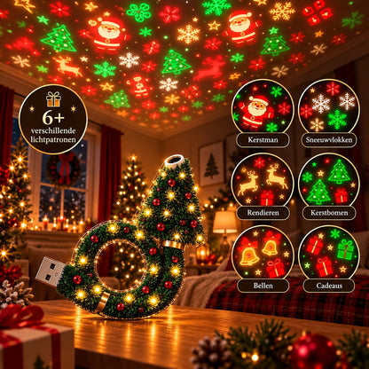 Lampe auf dem Tisch vor dem Bett, daneben sechs Kreise mit den Projektionsmotiven Weihnachtsmann, Schneeflocken, Rentiere, Tannenbäume, Glocken und Geschenke. 5