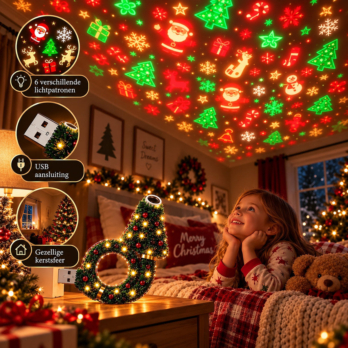 Ein lächelndes Mädchen im Schlafanzug liegt mit einem Teddy im Bett und blickt auf die bunten Weihnachtsmotive, die die Lampe an die Decke wirft. 6