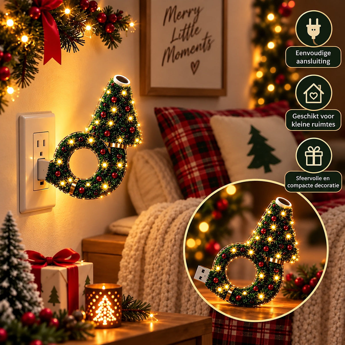 Die Lampe steckt in einer Wandsteckdose neben Kissen, Geschenk und Kerze; ein runder Ausschnitt zeigt sie leuchtend als kompakte Dekoration. 7