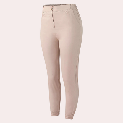Khakifarbene Damenhose, elastischer Bund, schmal geschnitten, modisch, bequem, Alltagskleidung.