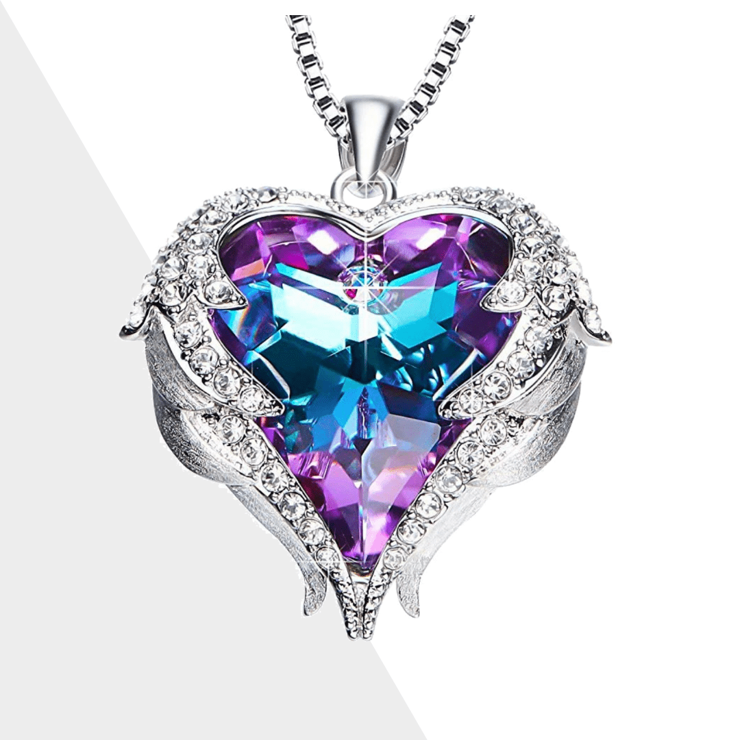 Herzförmiger Anhänger mit Engelsflügeln, lila-blauem Kristall, silberne Halskette, Damen-Schmuck.