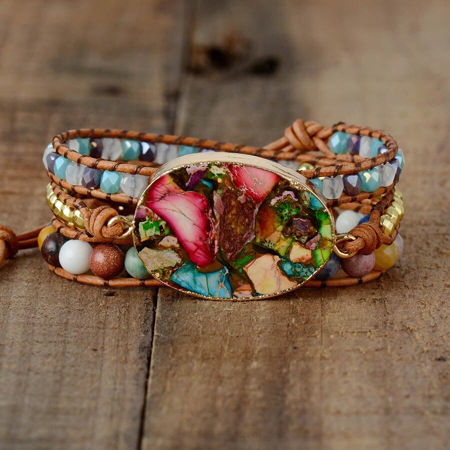 Damen-Wickelarmband, Naturstein, Leder, mehrlagig, bunte Edelsteine, modisch, Geschenkidee.