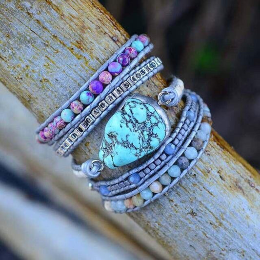 Handgemachtes Boho-Wickelarmband mit Kaiserjaspis, türkisfarben, mehrfarbige Perlen, Damen-Schmuck.