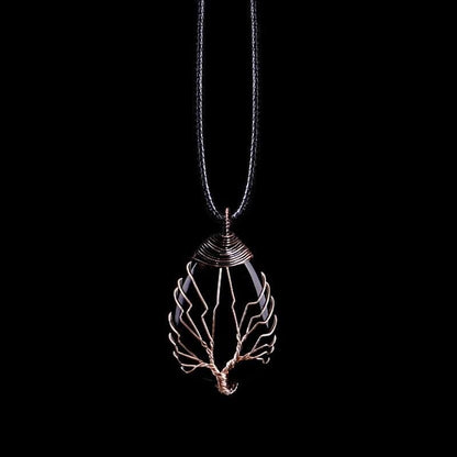 Handgemachte Obsidian Tropfen Halskette, Boho-Stil, schwarzes Lederband, Kupferdraht.